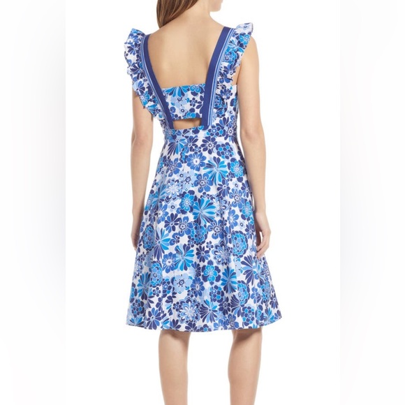 Tahari ASL Floral Ruffle Strap Blue White Casual Retro Open back Mini Midi Dress - Picture 6 of 11